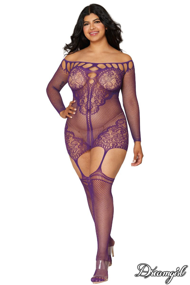Mesh and lace suspender dress