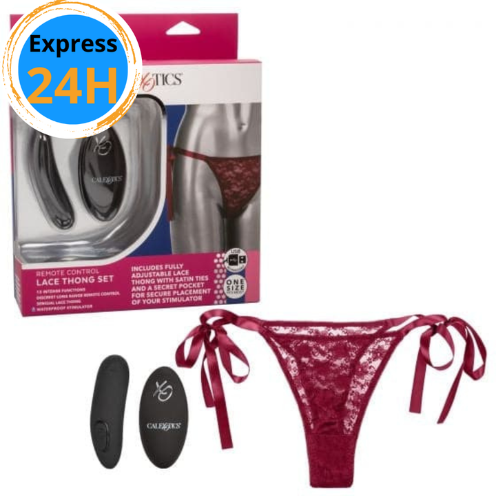 Remote Control Lace Thong Set - Burgundy